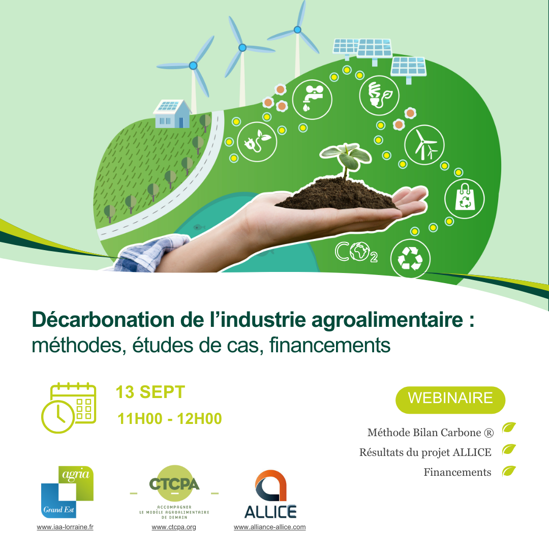 Webinaire « Décarbonation de l'industrie agroalimentaire : méthodes, études de cas, financements » le 13 septembre à 11h !